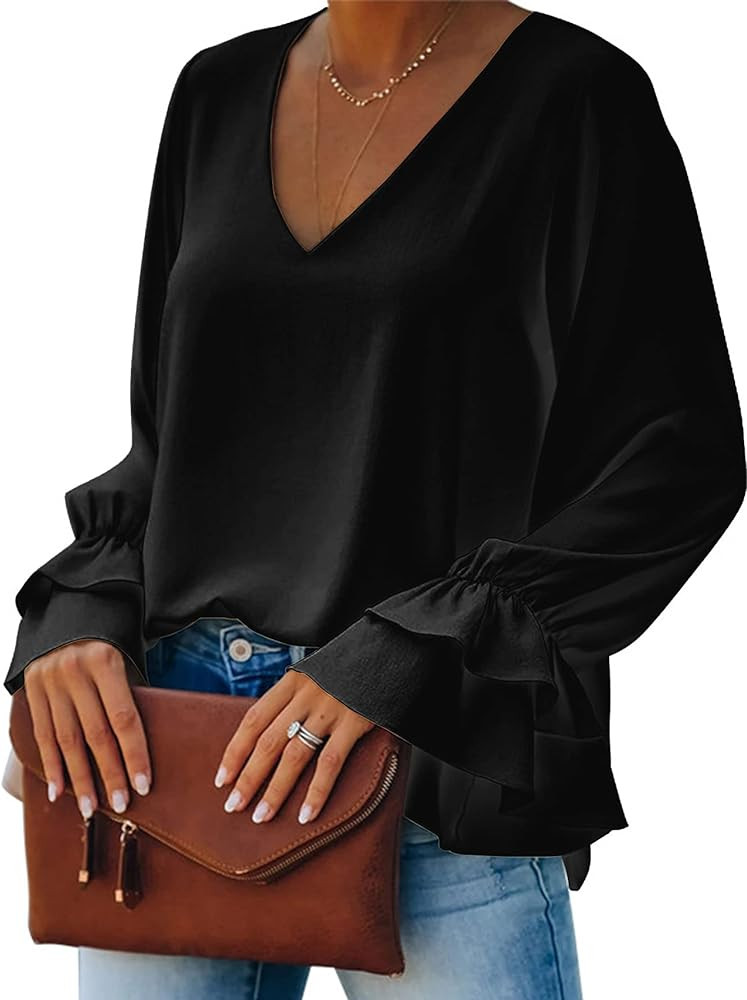 LYANER Women's Casual V Neck Tiered Ruffle Bell Long Sleeve Blouse Shirt Tunic Top | Amazon (US)