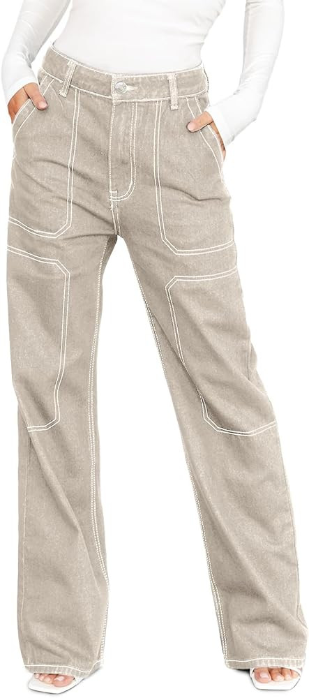 Dokotoo Women's Casual Mid Waist Cargo Jeans Stretch Wide Leg Denim Pants with Pockets | Amazon (US)