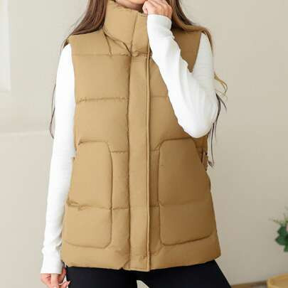 Women's Puffer Vest Sleeveless Puffy Coat Zip Up Outerwear Lightweight Belt Padded Jacket With Pockets | SHEIN
