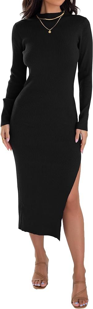 ZESICA Women's Mock Neck Sweater Dresses Long Sleeve Side Slit Slim Fit Fall Elegant Ribbed Knit ... | Amazon (US)