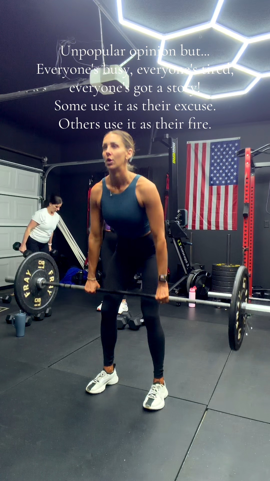 Complex Workout 5 Rounds
5 RDLs
5 Bentover Rows
5 Hang Cleans
5 Push Press
5 Squats
5 Reverse Lungs (each)
No rest until set is done
Finisher: 10 Minite EMOM
20 KB Swings
10 Burpees

#LTKdayinmylife #LTKActive #LTKfitnessgoals