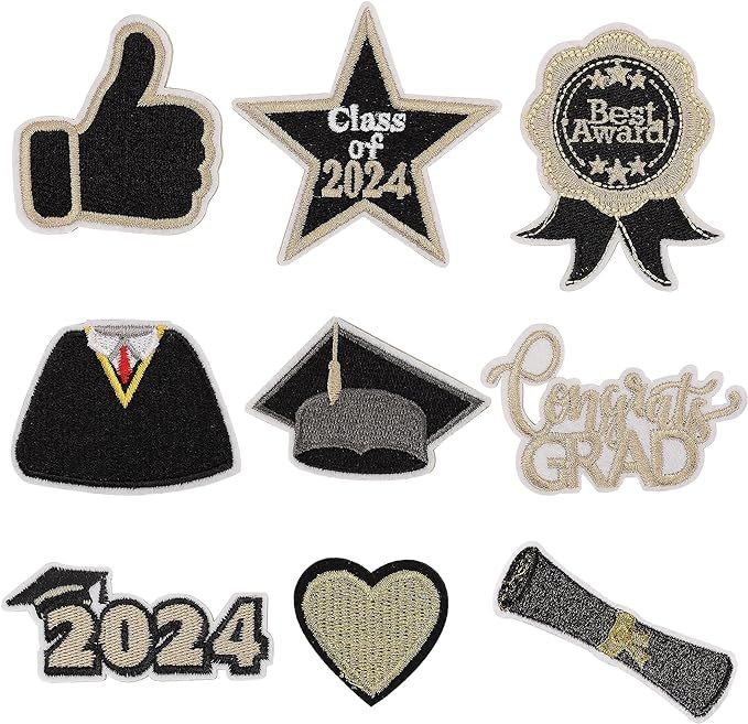 Lucleag 9Pcs 2024 Graduation Embroidered Patches, Graduation Hat Certificate Iron on Patches Embr... | Amazon (US)