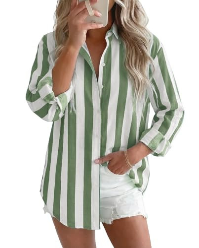 siliteelon Striped Button Down Shirts for Women Linen Button Up Dress Shirt Long Sleeve Blouse Collared Summer Beach Green Striped XXL | Amazon (US)