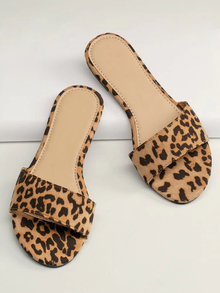 Leopard Open Toe Flat Slide Sandals | SHEIN