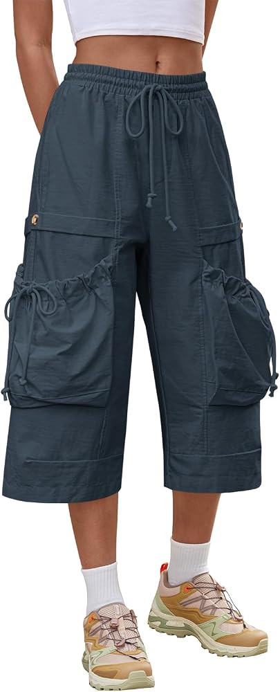 Aoysky Womens Wide Leg Cargo Capris Drawstring Elastic Waist Baggy Cropped Pants with Utility Poc... | Amazon (US)