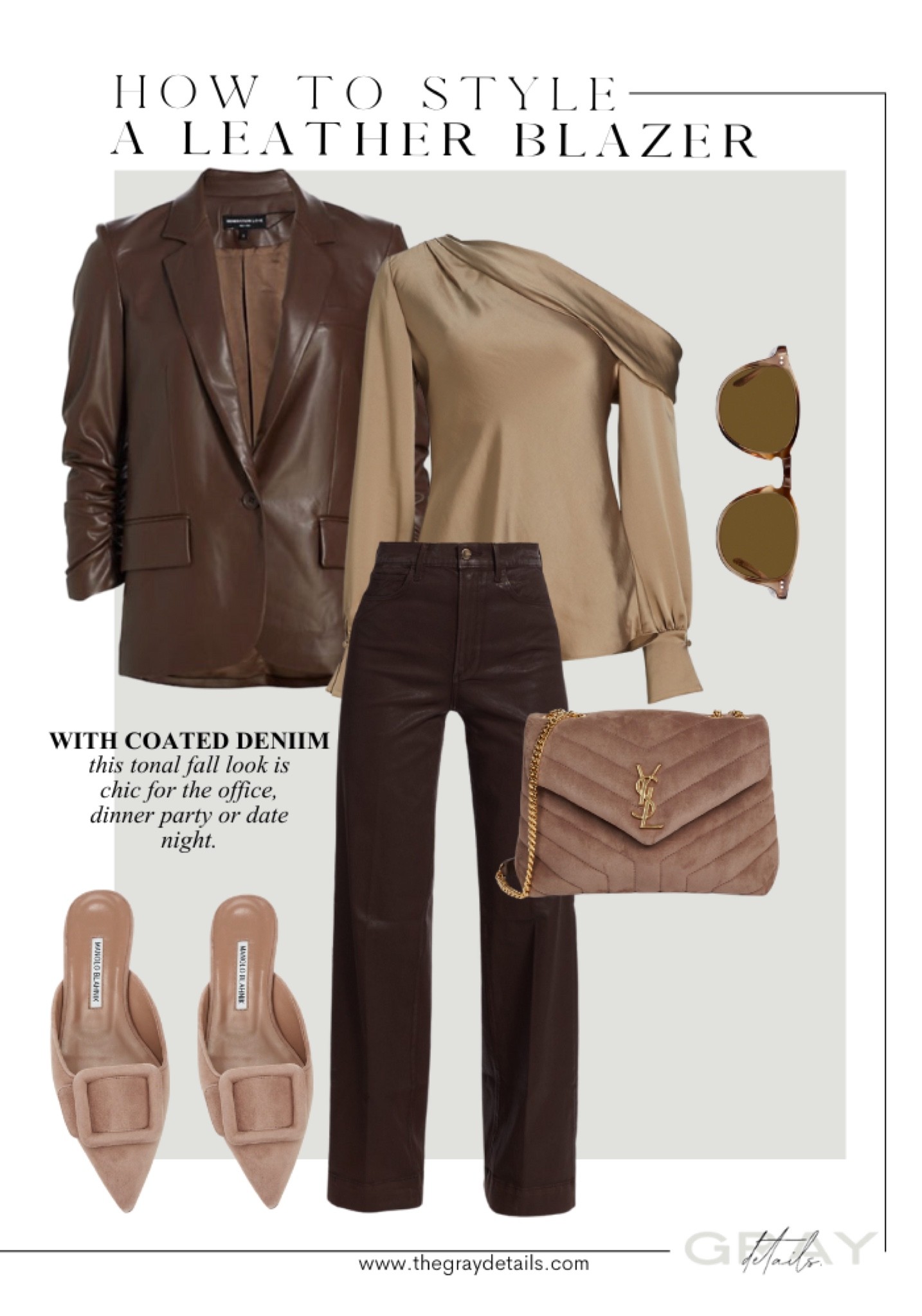 How do Style leather blazers 

Brown leather jacket/ blazer 
Ysl bag
Suede mules
Coated jean
Silk blouse 

#LTKitbag #LTKshoecrush #LTKstyletip