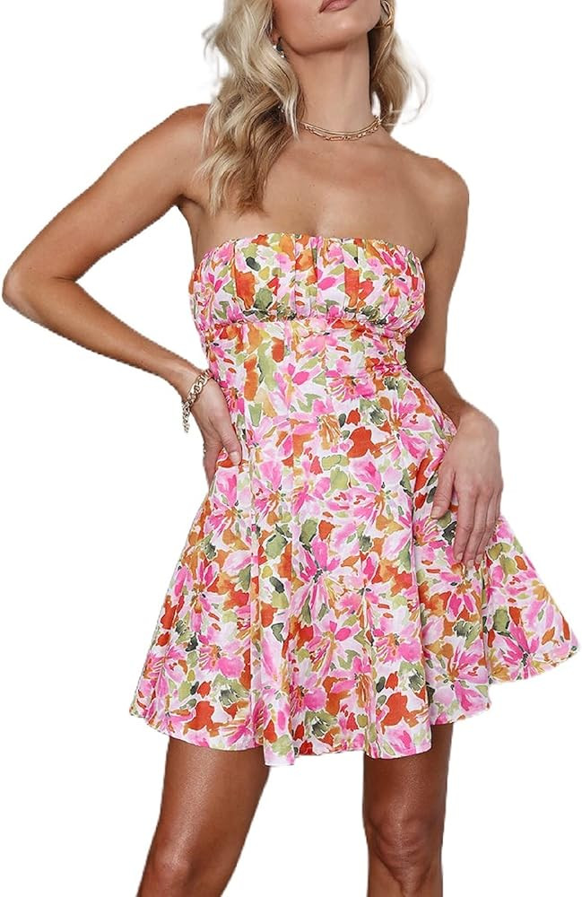 ROAONOCOMO Women Summer Off Shoulder Tube Mini Dress Sexy Bodycon Strapless Short Dress Y2k Backl... | Amazon (US)