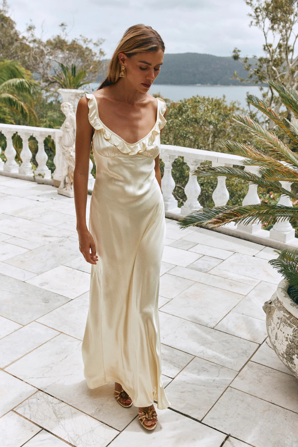 Rosalia Satin Bias Cut Maxi Dress Butter | VRG Grl