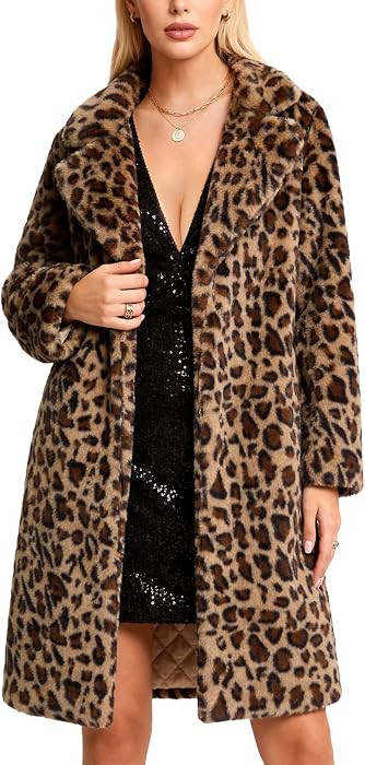 Women Faux Fur Coats Lapel fur Jacket Fluffy Fuzzy Coat with Pockets | Amazon (US)