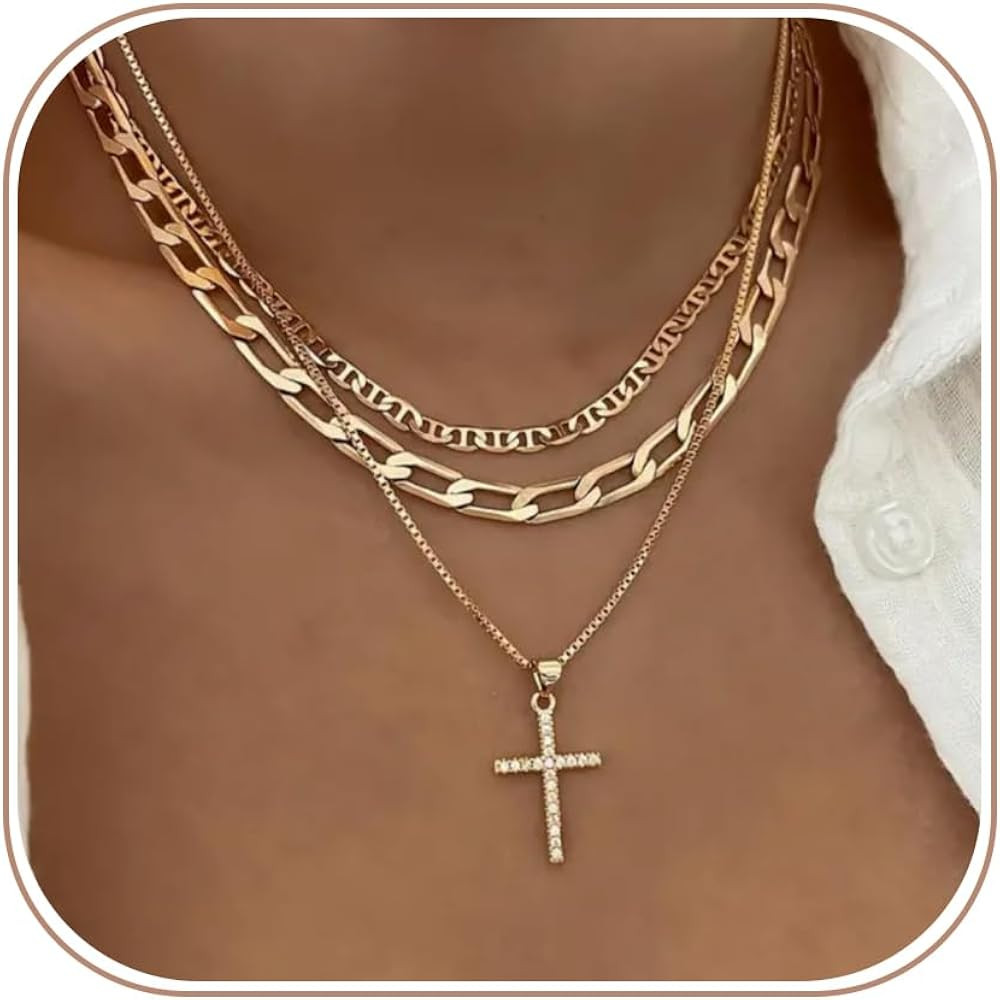 Cross Necklace for Women Stack 14K Gold/Silver Plated Layered Necklace | Amazon (US)