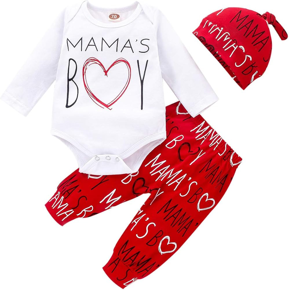 Newborn Infant Baby Boy Valentine's Day Outfits Long Sleeve Romper Bodysuit+Pants+Hat+Headband Cl... | Amazon (US)