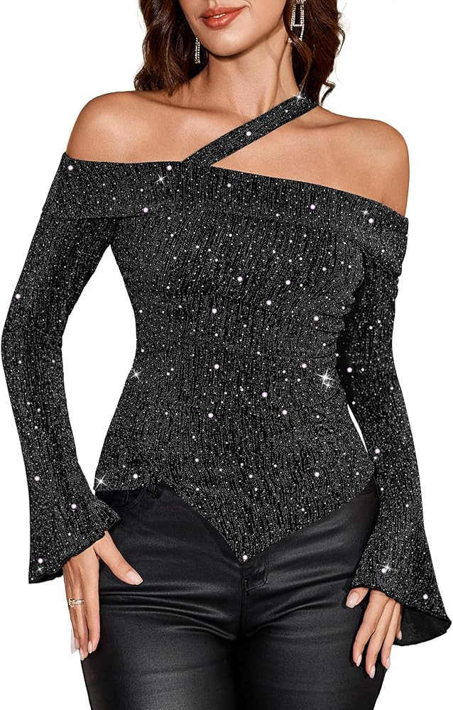 BeryLove Women Sparkly Top Off Shoulder Fitted Shirt Asymmetrical Rhinestone Party Blouse | Amazon (US)