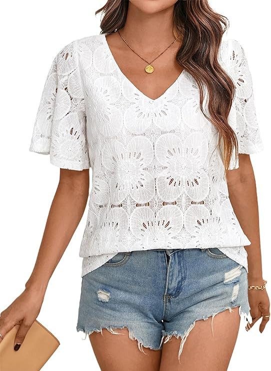 Women Eyelet Ruffle Short Sleeve V Neck Floral Tops Shirts Dressy Hollow Out Crochet Lace Embroid... | Amazon (US)