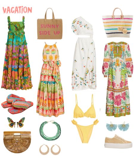 Vacation outfits feat beautiful Farm Rio prints coordinated with raffia accessories and crochet shoes. Beach outfit. 

#LTKtravel #LTKswim #LTKstyletip