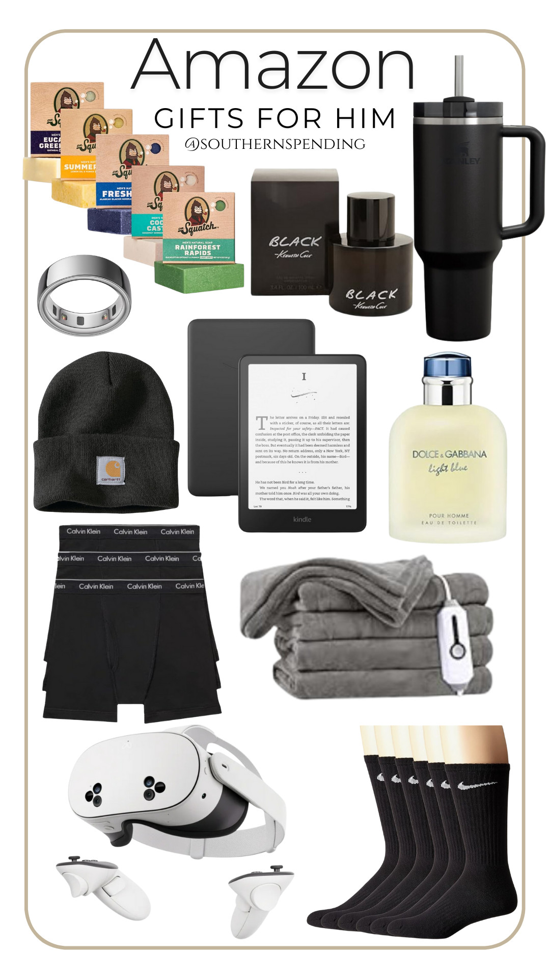 Last minute gifts for him. 
cologne, heated blanket, oura fitness ring, soap set, calvin klein underwear, nike socks, oculus, meta quest
Husband, teen boy, son, brother, dad, men 

 #LTKGiftGuide #LTKSaleAlert #LTKMens
