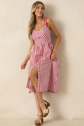 Baby, You're a Firework Red Multi Stripe Cotton Midi Dress | Red Dress