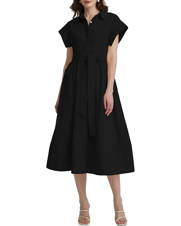 Womens Summer Shirt Dress Short Wing Sleeve Button Down Midi Shirts Dresses with Belt | Amazon (US)