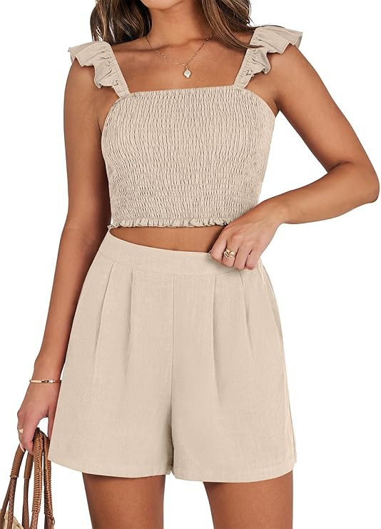 ANRABESS Women's 2 Piece Outfits Summer Linen Sets Matching Shorts Lounge Set 2024 Trendy Vacatio... | Amazon (US)