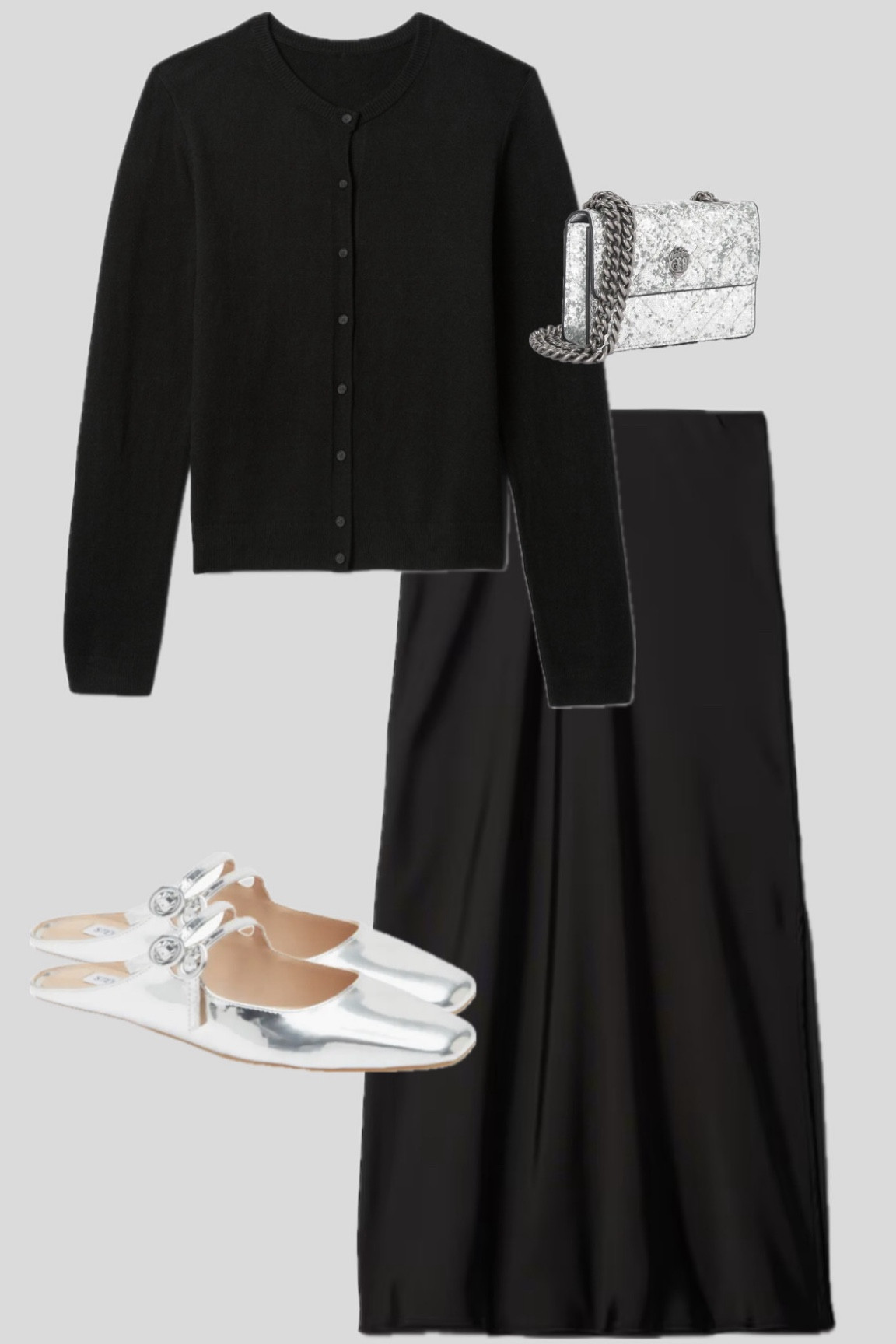 all black chic winter outfit! Silk maxi skirt, silver details, SALE silver flats!

#LTKSeasonal #LTKHoliday #LTKSaleAlert