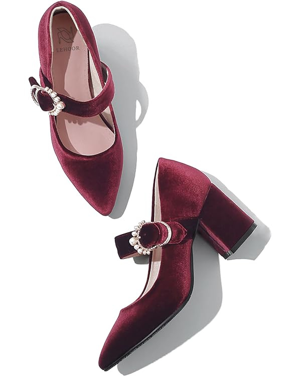 LEHOOR Women Chunky Heel Closed Pointed Toe Mary Jane Pumps Metal Buckle with Pearl Ankle Strap M... | Amazon (US)