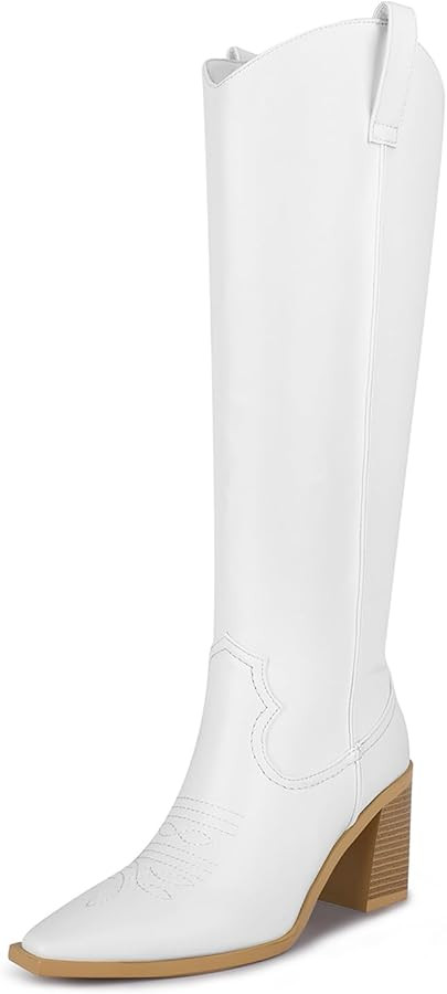 ISNOM Women's Western Boots Knee High Boots, Cowboy Cowgirl Embroidered Chunky Block Heel Pointed... | Amazon (US)