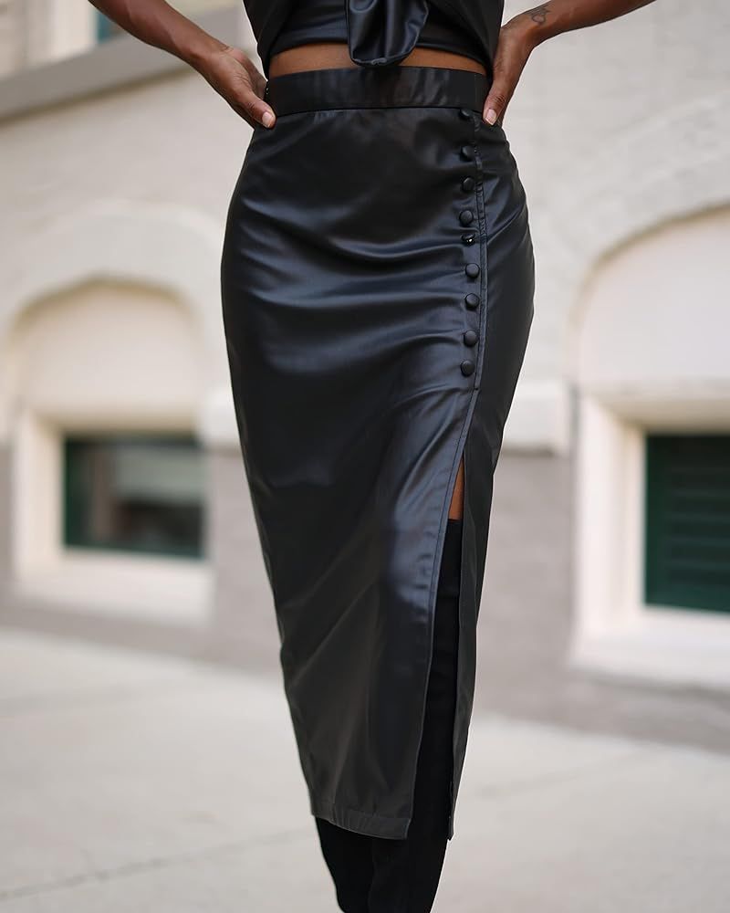 Women's Black Faux Leather Midi Skirt by @signedblake | Amazon (US)