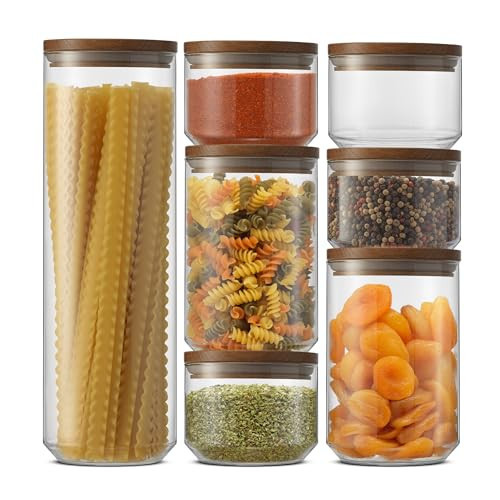 JoyJolt Holden 7-Piece Stackable Glass Storage Containers with Lids, Airtight Food Canister Set with Acacia Wood Lids, Round Stacking Pantry and Kitchen Containers for Pasta, Flour, Sugar, Coffee | Amazon (US)