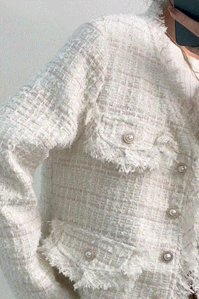 White Frayed V-Neck Tweed Jacket | J.ING