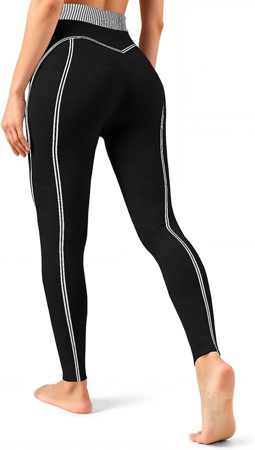 Fisoew Women's High Waisted Yoga Leggings Striped Seamless Butt Liftting Stretchy Running Gym Wor... | Amazon (US)