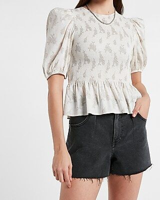 Floral Linen-Blend Smocked Puff Sleeve Top | Express