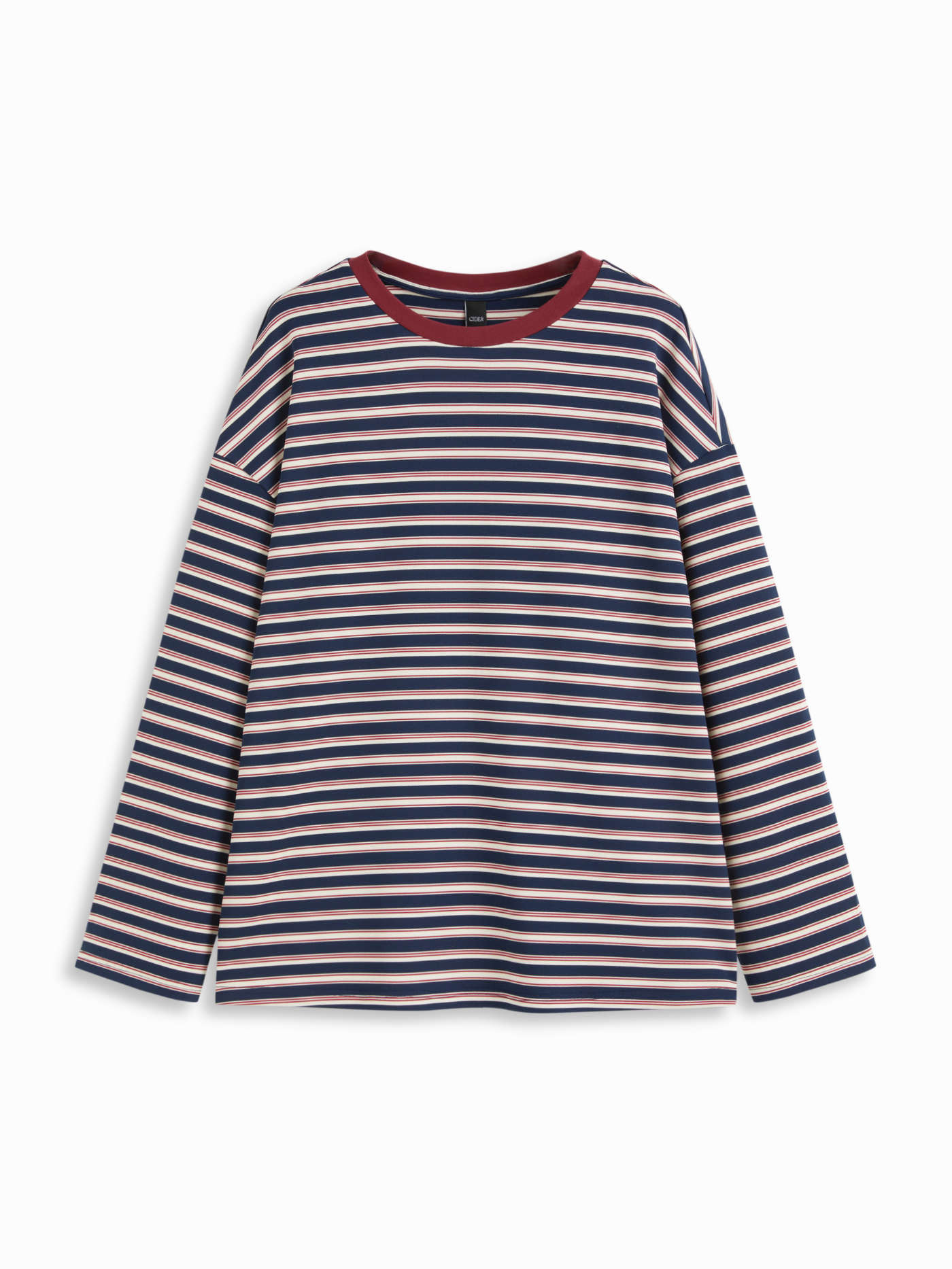 Knit Fabric Striped Contrast Trim Long Sleeve Oversized Tee For School Daily Casual | Cider