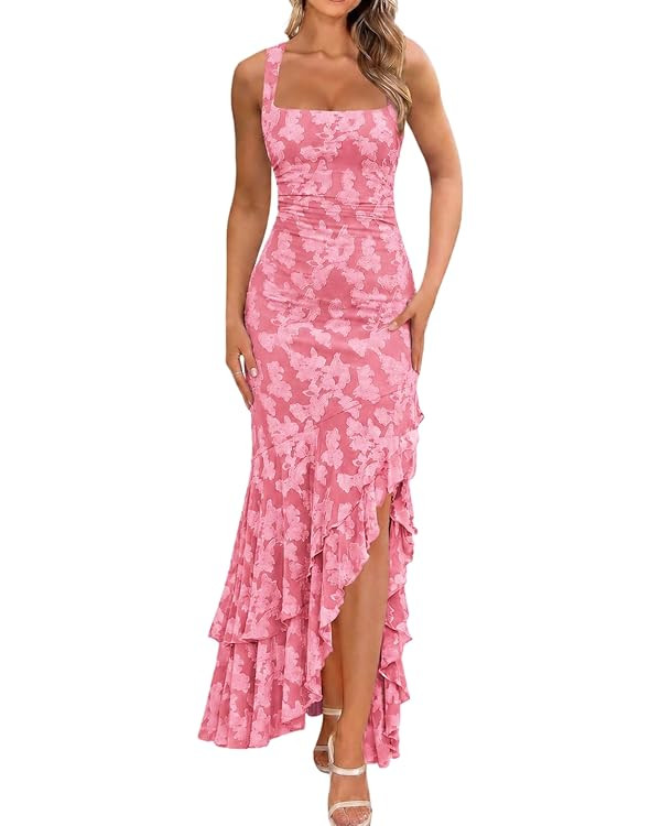 BORIFLORS Women's Elegant Ruched Floral Maxi Dress Mesh Mermaid Ruffle Wedding Guest Cocktail Lon... | Amazon (US)