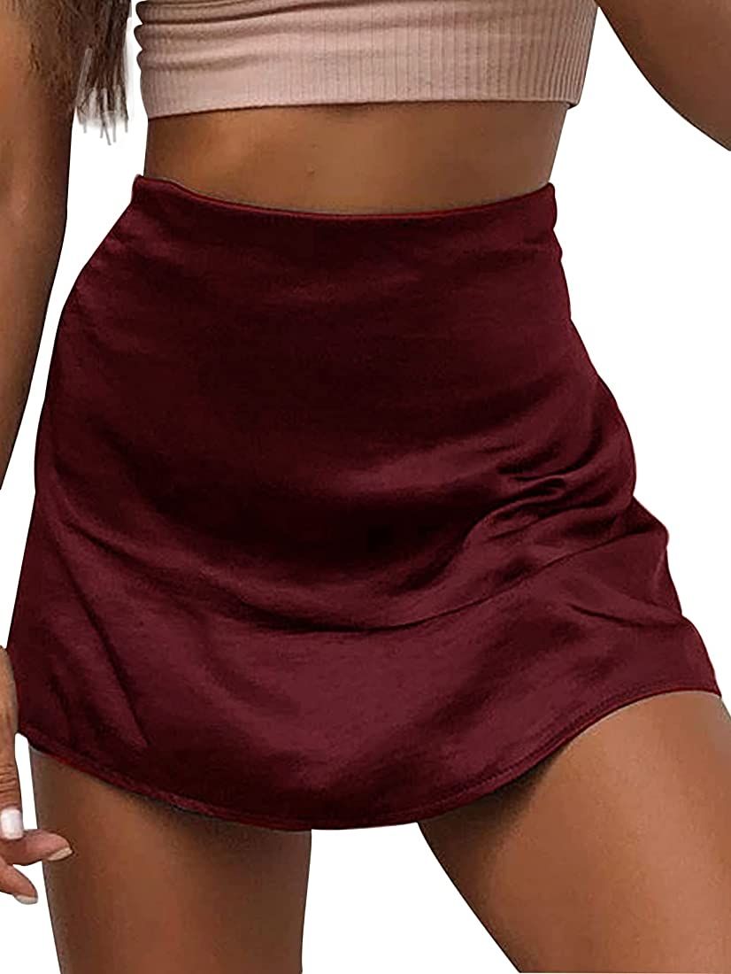 Amazon.com: LYANER Women's Casual Satin Silk High Waist Zipper Mini Short Skirt Solid Burgundy Me... | Amazon (US)