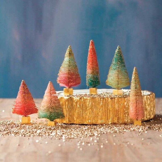 Miniature Two-Tone Ombre Sisal Trees, Mini Bottle Brush Tree, Glitter Tree, Romantic Christmas, Pink | Etsy (US)