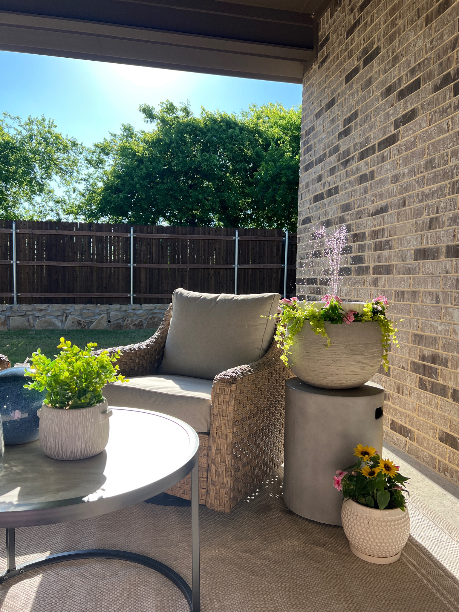 DIY water fountain ⛲️🌸
Patio refresh
Inexpensive patio set
Patio furniture
Walmart finds
Patio furniture dupe
Pottery barn dupe
Stone planter 
Home Depot
Walmart 

#LTKhome #LTKSeasonal