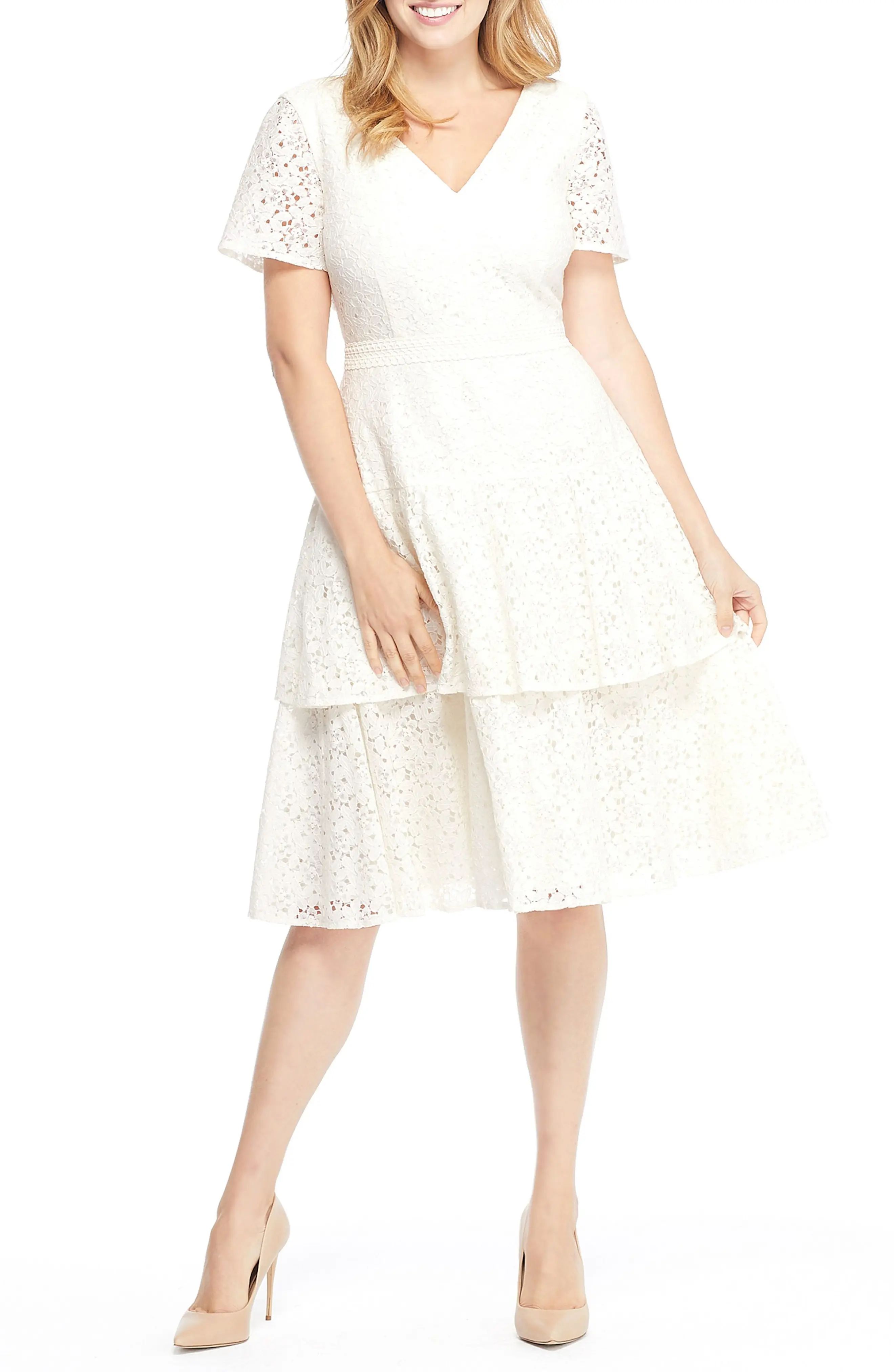 Women's Gal Meets Glam Collection Doris Bow Back Tiered Skirt Lace Dress, Size 00 - Ivory | Nordstrom