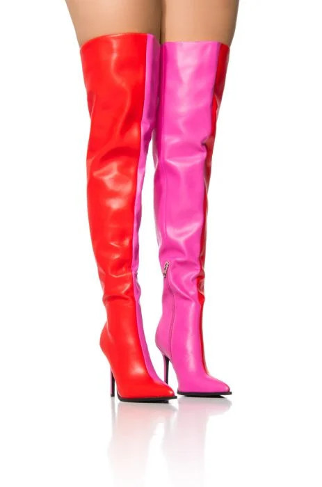 AZALEA WANG NEAPOLITAN COLORBLOCK THIGH HIGH BOOT IN RED | AKIRA