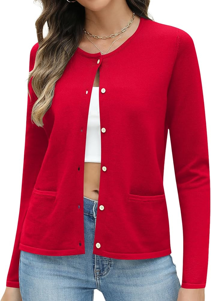 Rapbin Women's Lightweight Button Down Cardigan Sweater with Pockets Long Sleeve Crew Neck Open F... | Amazon (US)