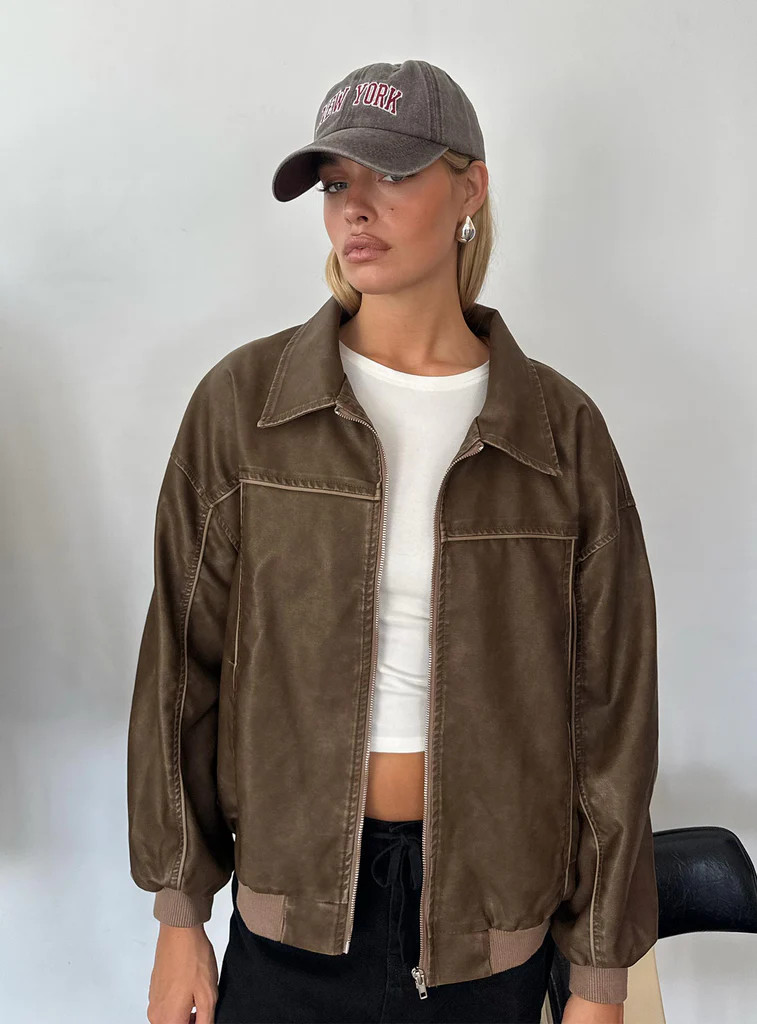 Goldsmith Faux Leather Bomber Jacket Washed Dark Brown | Princess Polly US