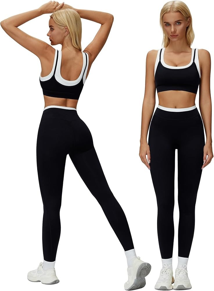 ABOCIW Two Piece Workout Sets for Women Layer Sports Bra Tummy Control High Wait Leggings Gym Yoga Outfits | Amazon (US)