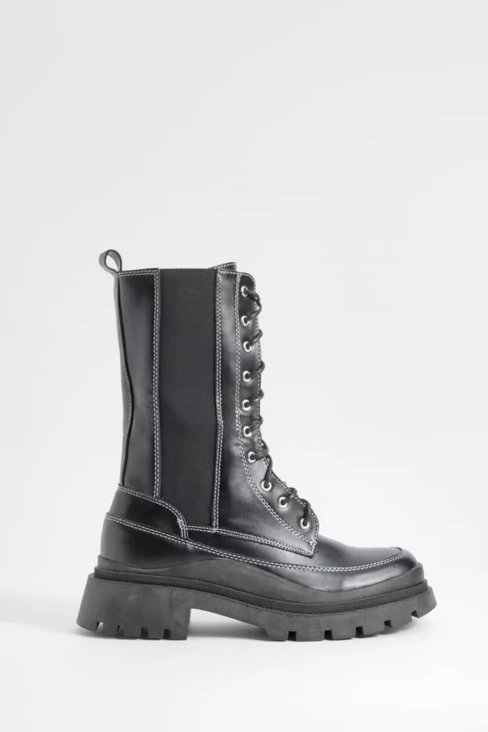 Chunky Calf High Lace Up Hiker Boots | Boohoo.com (UK & IE)