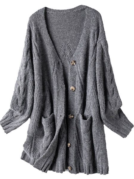 'Ruby' Pattern Knit V-Neck Button Down Mid-length Cardigan with Pockets (2 Colors) | Goodnight Macaroon