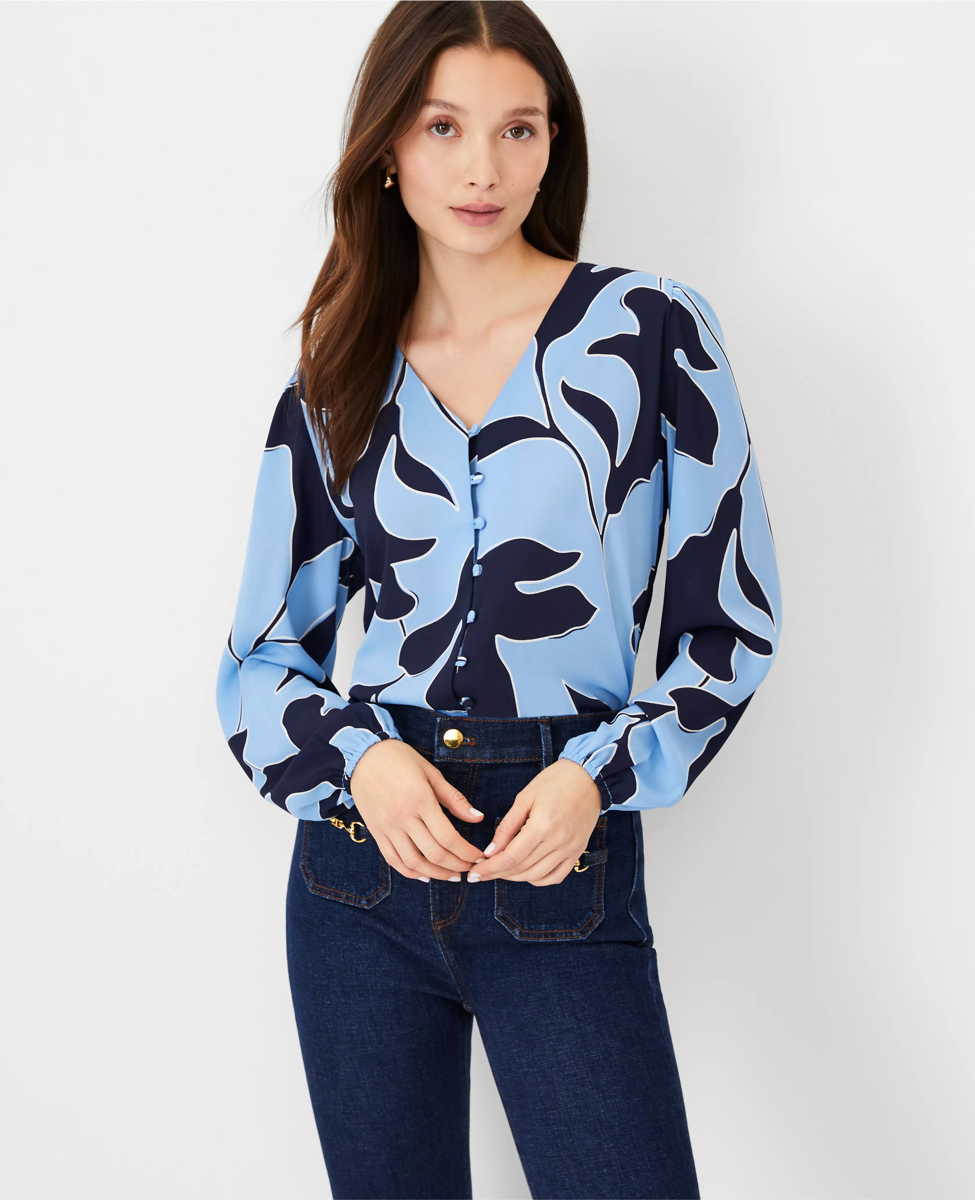 Floral Mixed Media V-Neck Button Top | Ann Taylor (US)