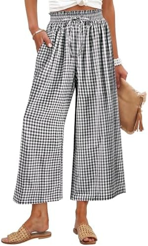 ANRABESS Womens Striped Gingham Palazzo Capri Pants Pajama Wide Leg Lounge Trousers Plaid Cute Cr... | Amazon (US)