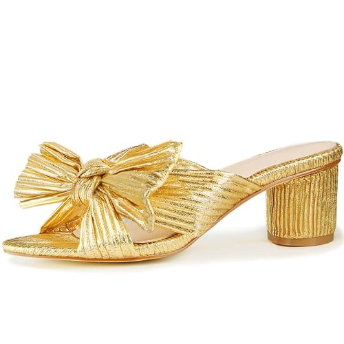 MUCCCUTE Women's Bow Knot Heeled Sandals Gold Mule Chunky Heeled Open-toe Bridal Wedding Party Fashion Heeled Sandals | Amazon (US)