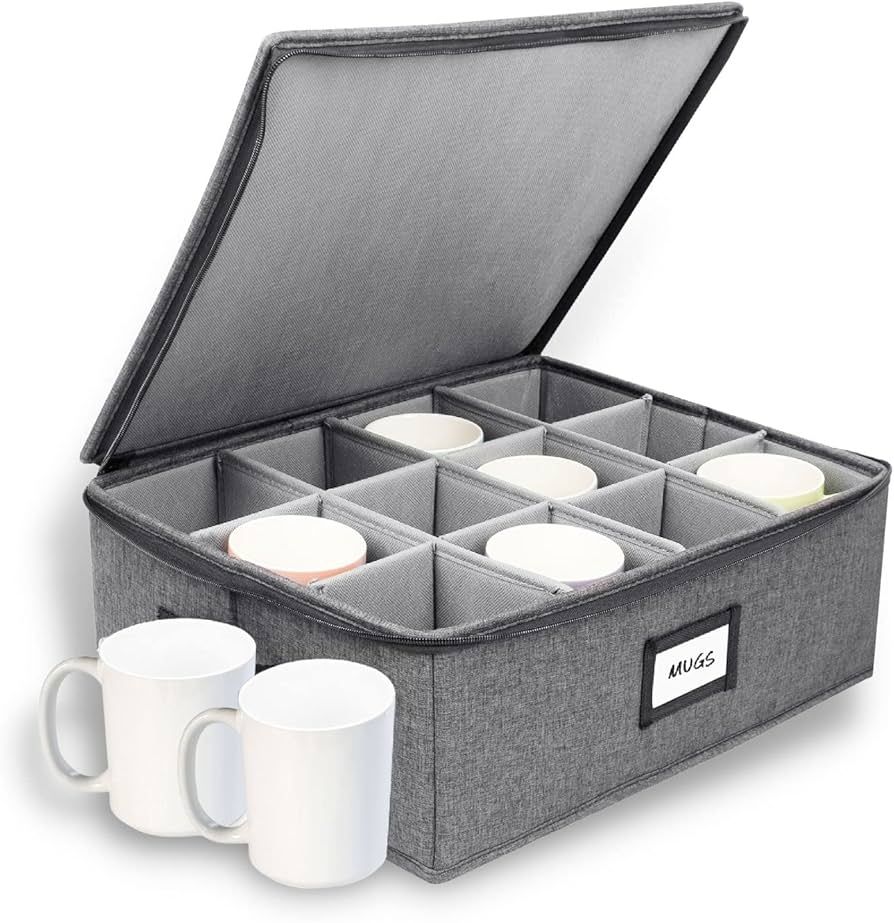 HOMELUX THEORY Coffee Mug Storage with Dividers, 16"x12.5"x6" Hard Shell China Storage Containers... | Amazon (US)