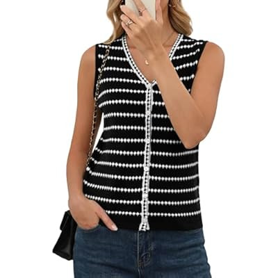 Zelroxa Women Crochet Sweater Vest Tops Sleeveless V Neck Striped Button Up Lightweight… | Amazon (US)