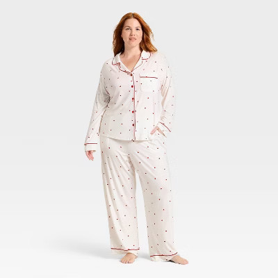 Women's Cloud Knit Modal Long Sleeve Notch Collar Top and Pants Pajama Set - Auden™ Cream Hearts 3X | Target