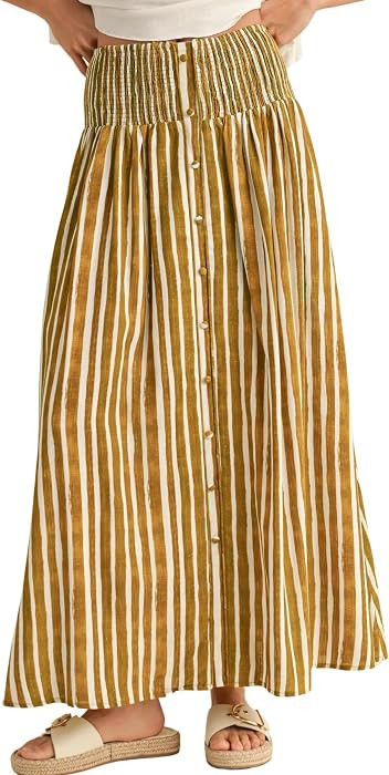 InterNos Womens Striped Maxi Skirt Trendy Front Buttons Elastic Waistband A-Line Boho Long Skirt ... | Amazon (US)