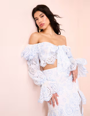 ASOS LUXE beach off the shoulder eyelet top with front tie in blue - part of a set | ASOS (Global)